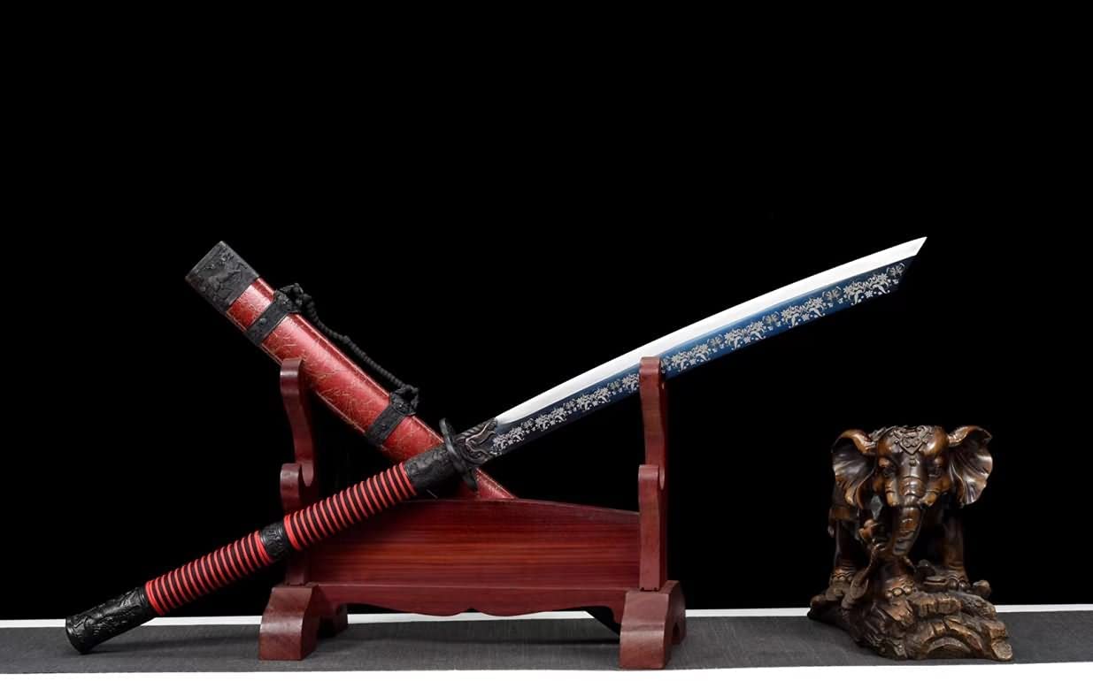 Kangxi dao,Forged High Carbon Steel Etch Blade,Red scabbard Battle Ready