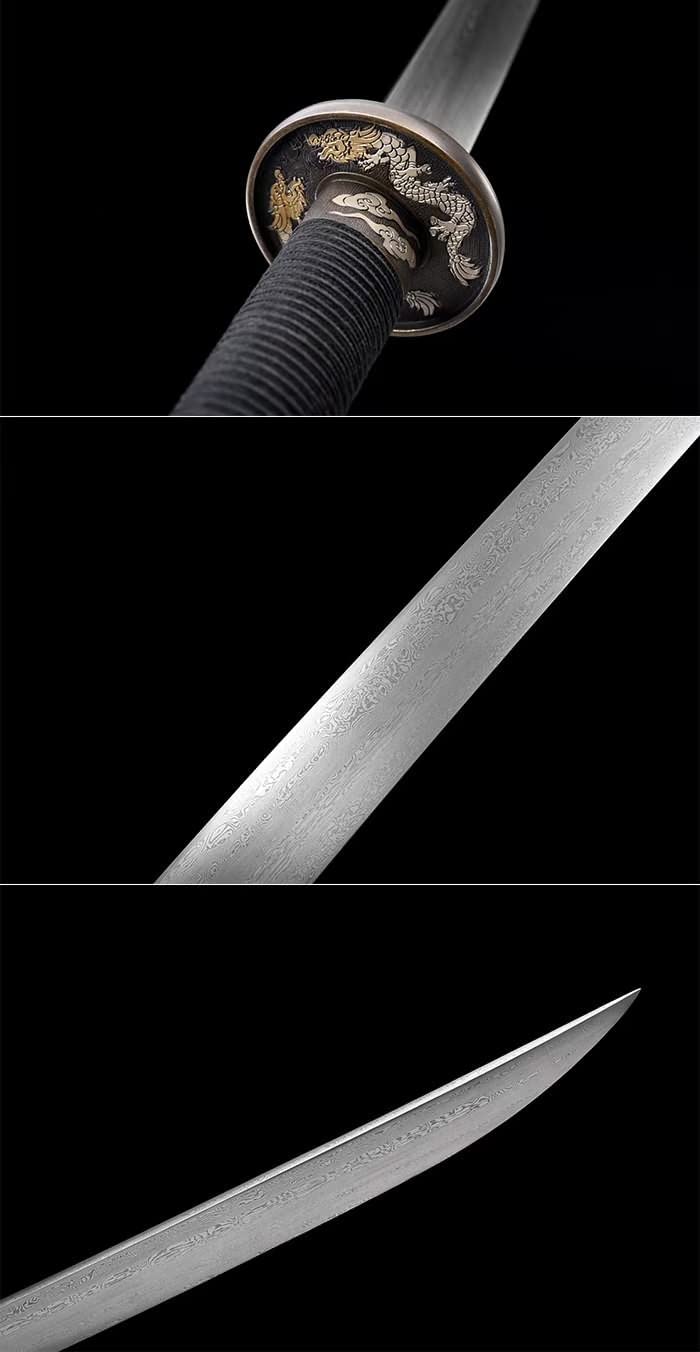 LOONGSWORD,chinese sword,Qi Jia Dao,Forged Damascus Steel Blade,Skin Scabbard,Brass Fittings