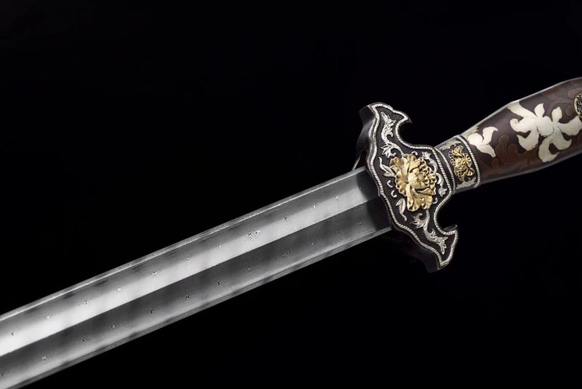 LOONGSWORD,Peony Sword Real,Forged Damascus Steel Blades,Brass Scabbard