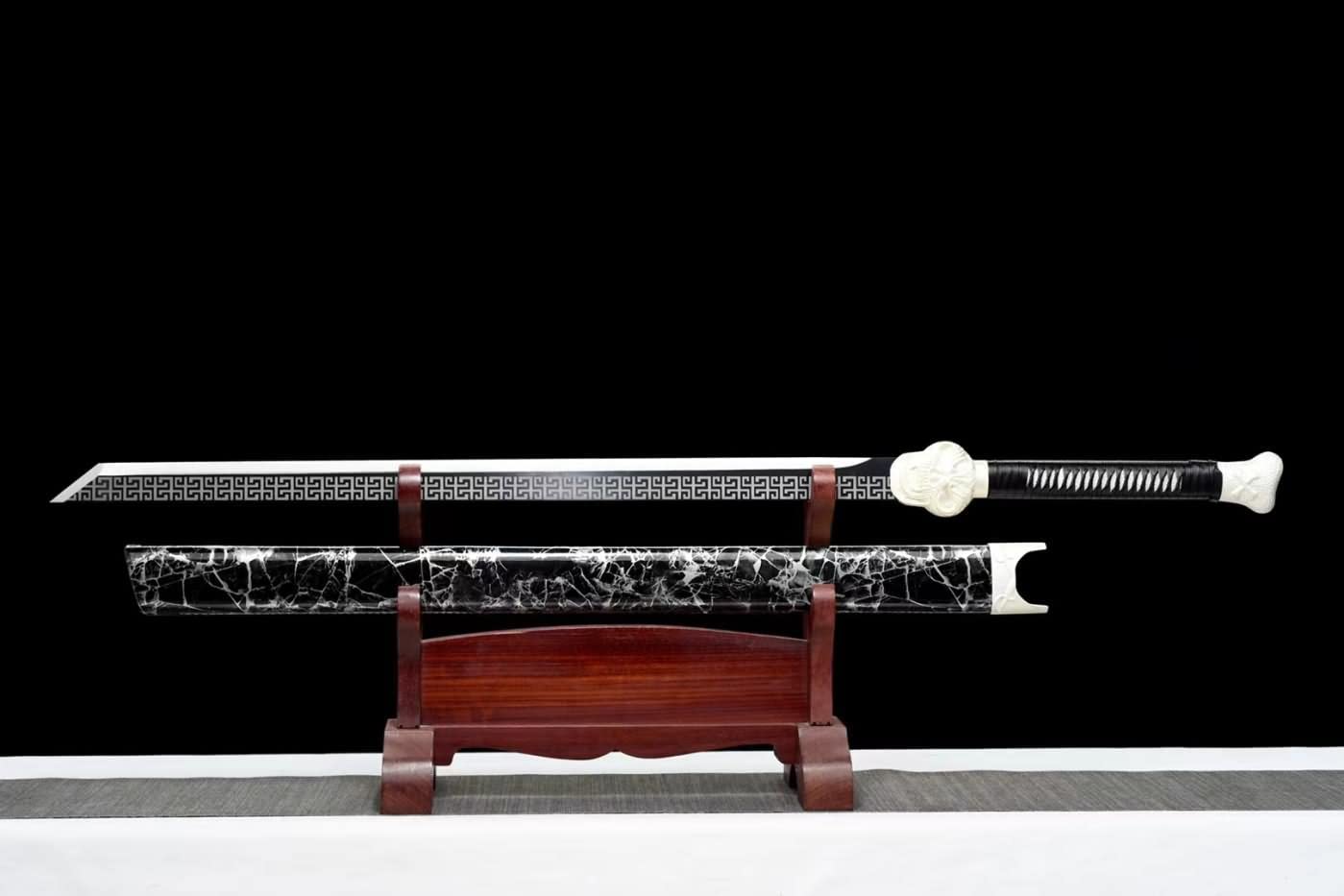 Tang Knife Real,High Carbon Steel Etched Blade,Alloy Fittings,Leather Scabbard,chinese sword