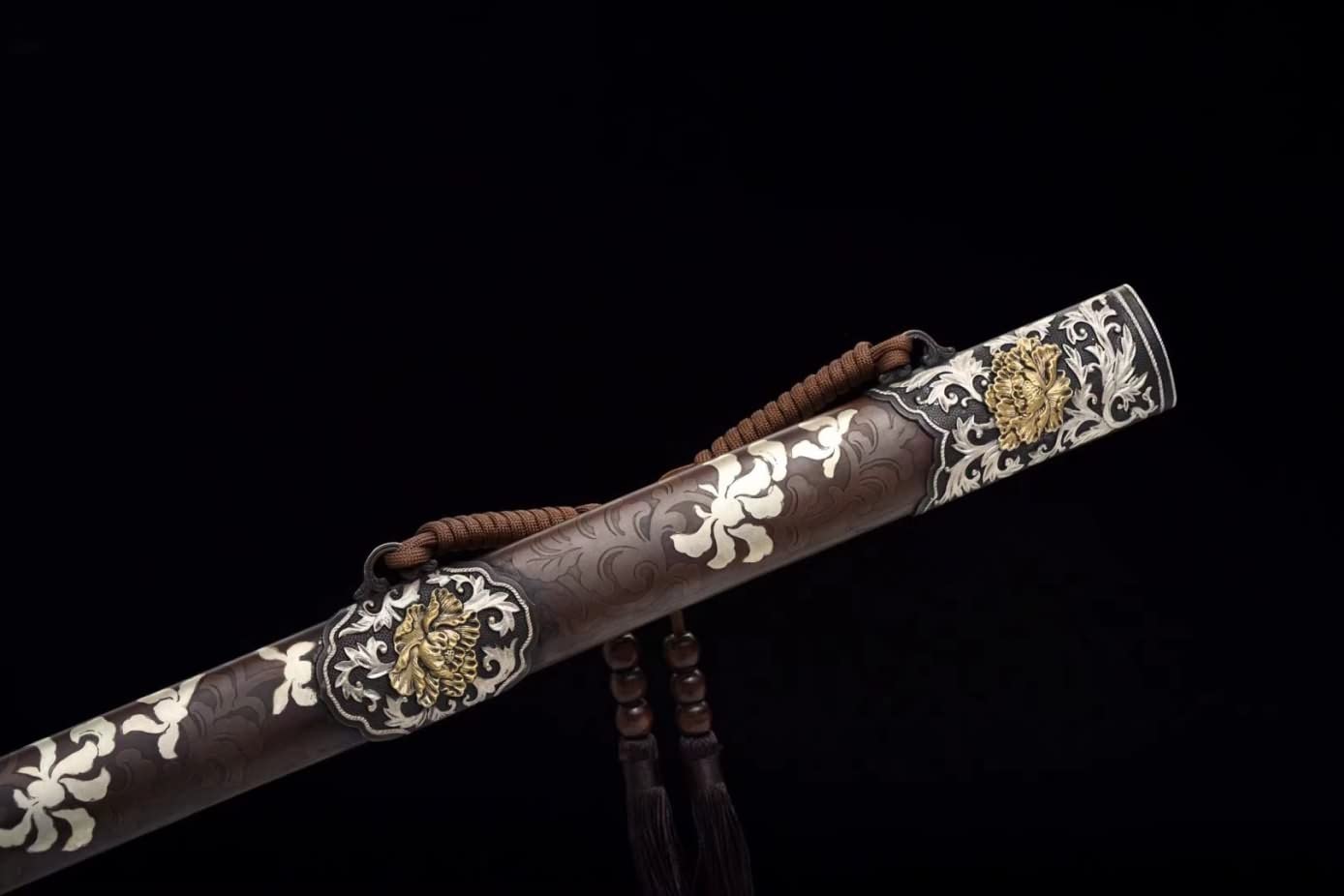 LOONGSWORD,Peony Sword Real,Forged Damascus Steel Blades,Brass Scabbard
