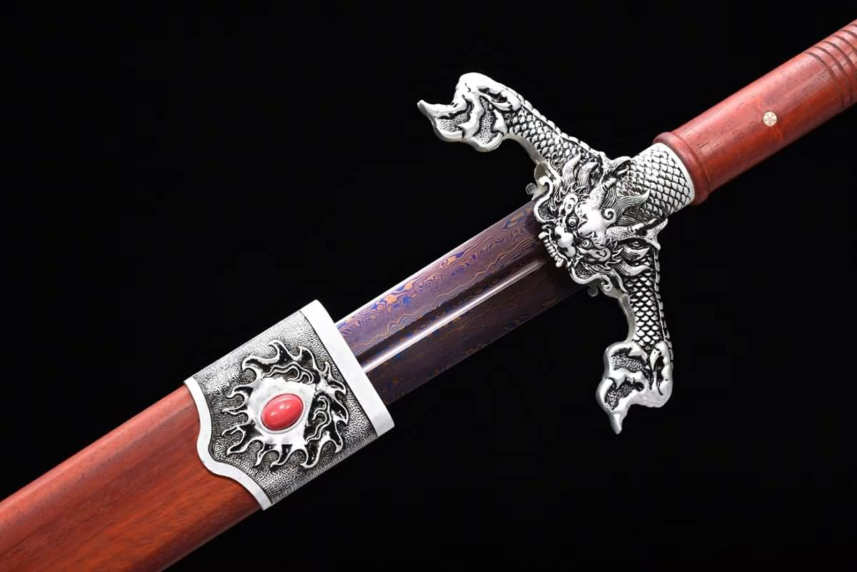 Flying Dragon jian,Forged Damascus red Blades,Redwood Scabbard