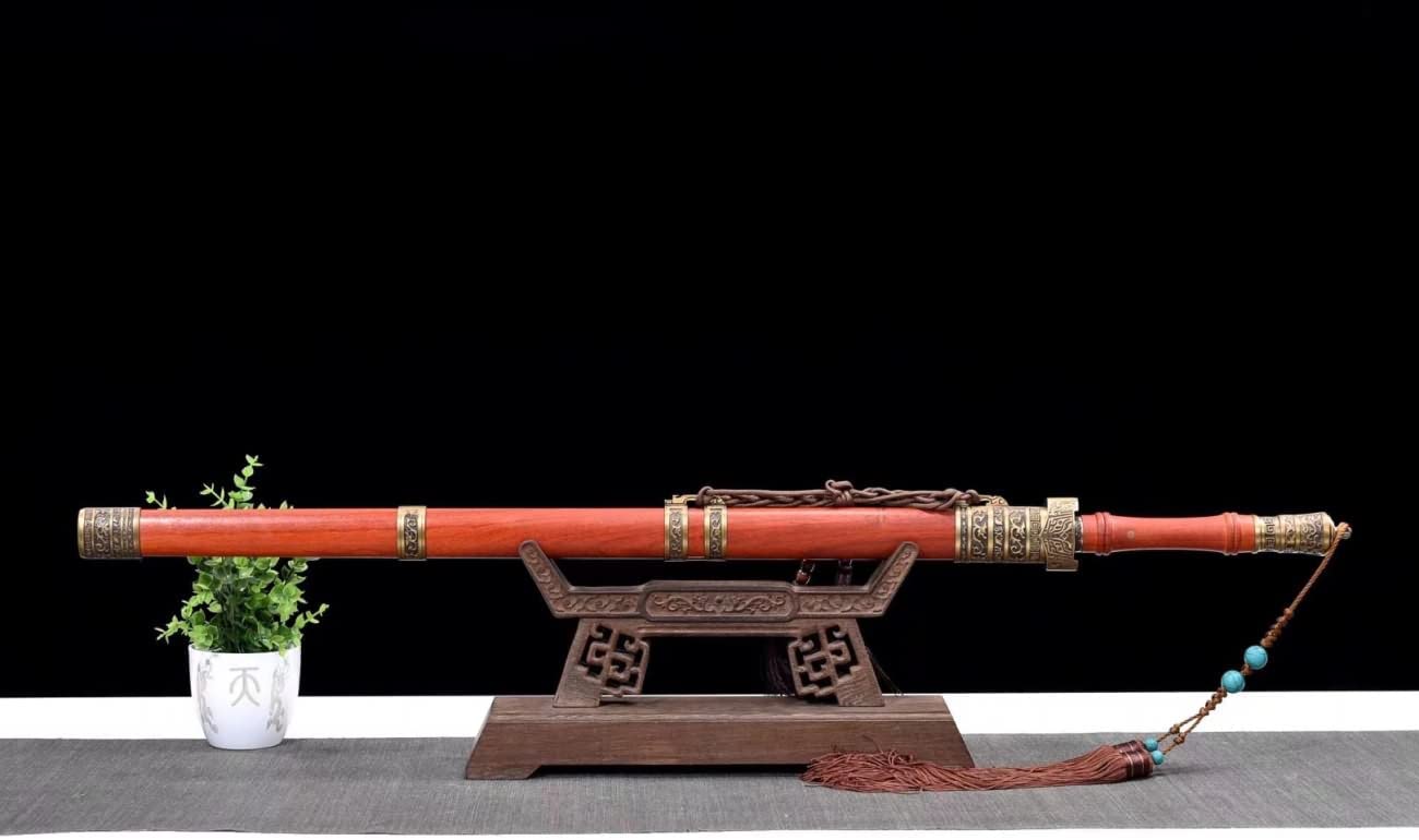 Wolong Sword Real,Forged Damascus Steel Blade,Redwood,Brass Fitting