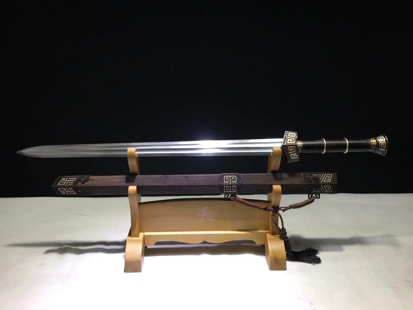 Qinwang Sword Real,Damascus Steel Blade,Brass Scabbard,Ebony Scabbard