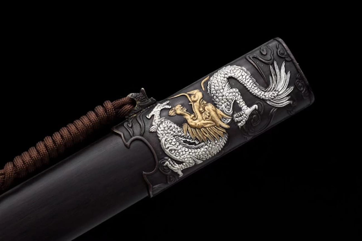 Longhu jian,Forged Damascus Steel Blades,Brass Fittings,Ebony Scabbard