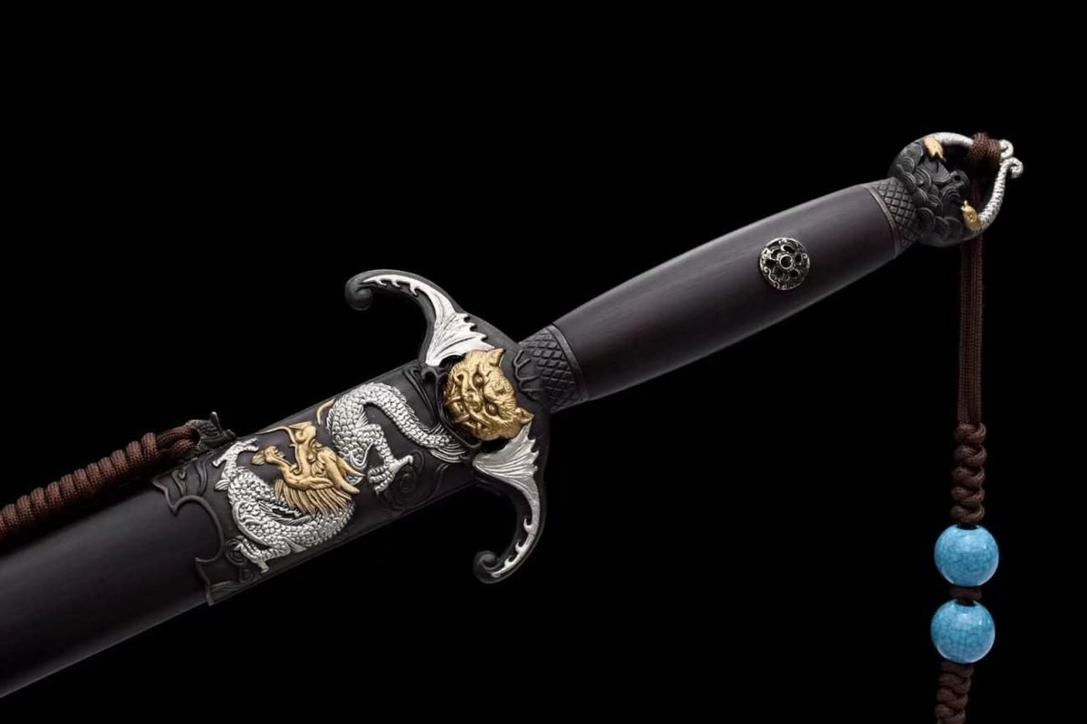 Longhu jian,Forged Damascus Steel Blades,Brass Fittings,Ebony Scabbard