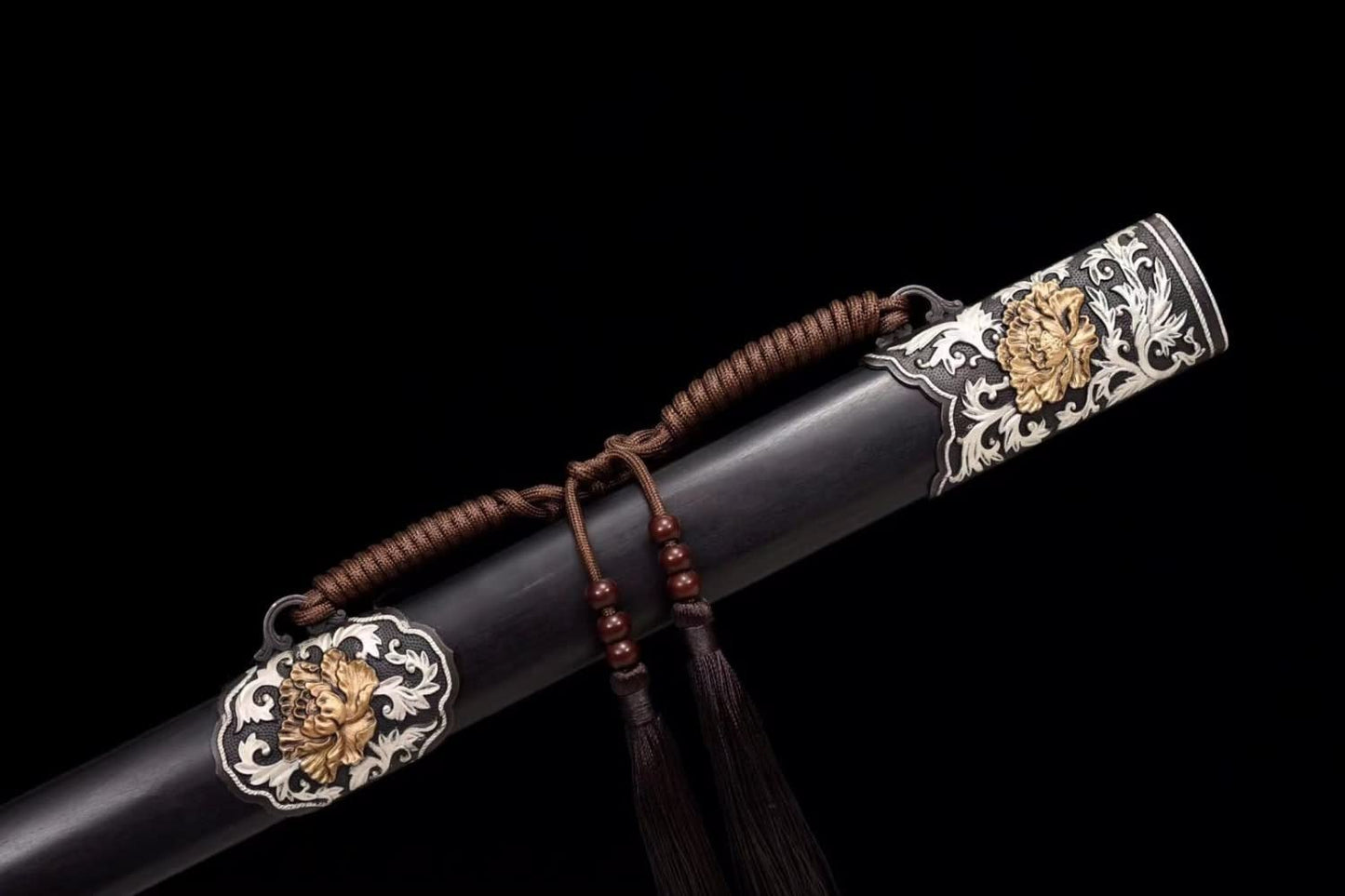 Peony Sword,Forged Damascus Steel Blades,Brass Fittings,Ebony Scabbard
