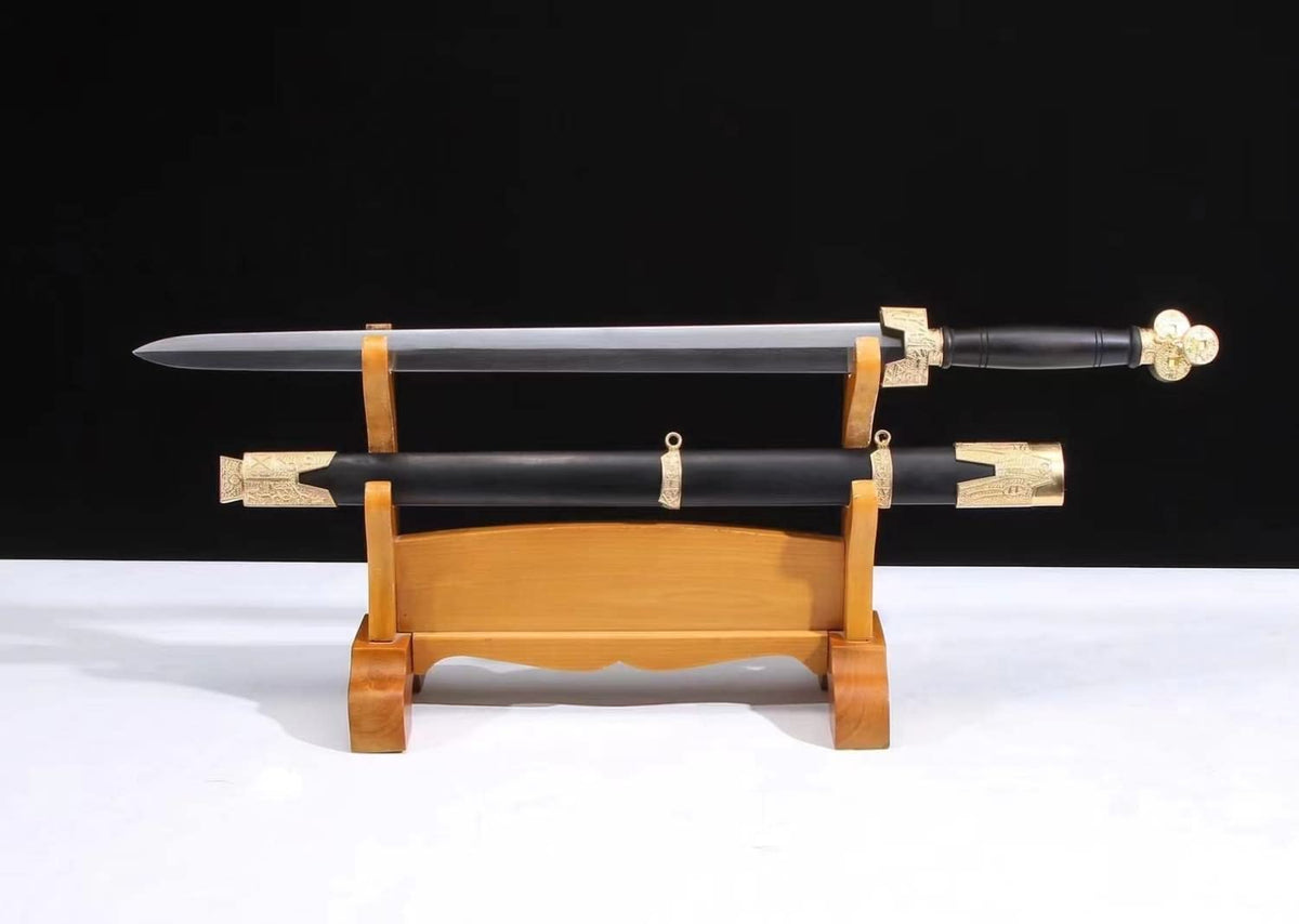 Chinese Swords Forged Damascus Steel Brass Fittings Sword Real Black Wood Scabbard