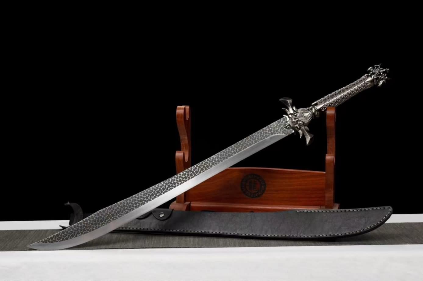 Machete,Saber Real High Carbon Steel Etched Blade,Alloy Fittings,PU Leather Scabbard