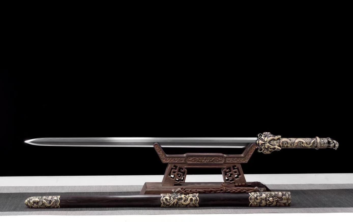 Loong Sword,Damascus octahedral Blades,Brass Fittings,Ebony Scabbard