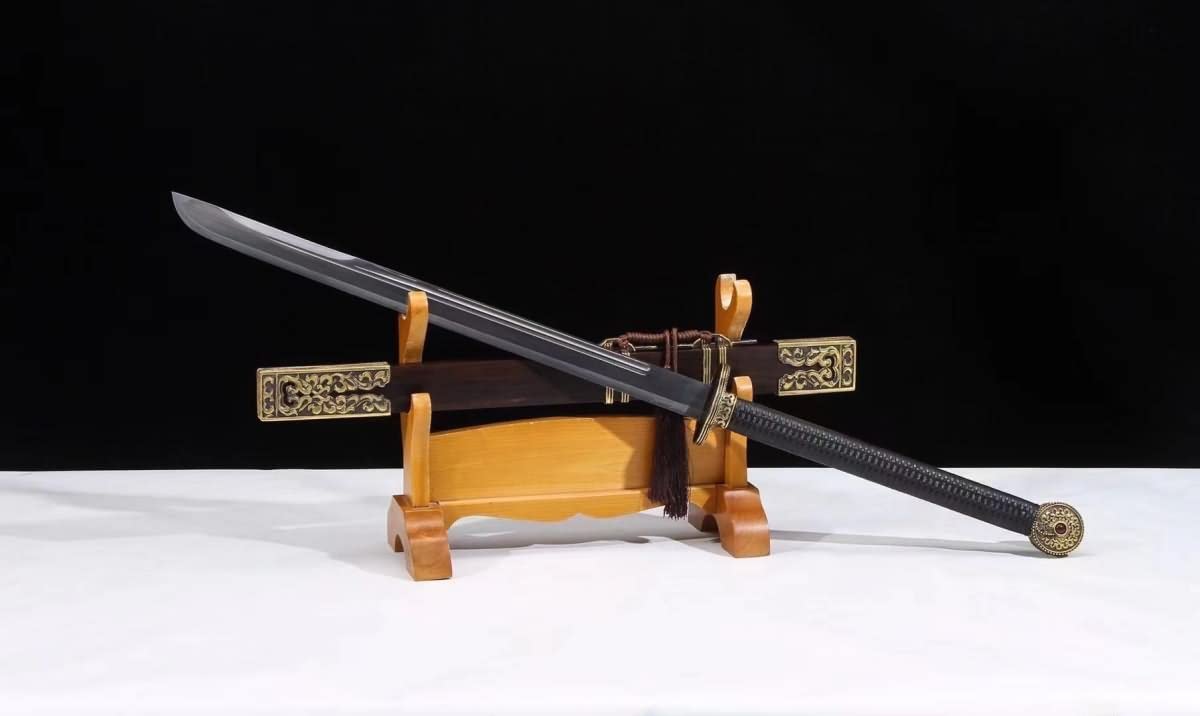 Qin Broadsword,Forged Damascus Blade,Ebony Scabbard,Brass Fittings