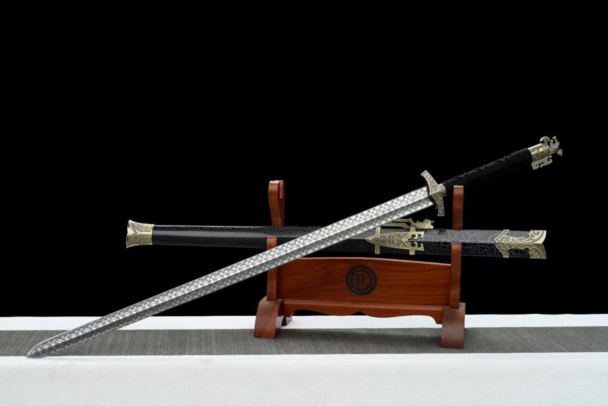 LOONGSWORD,Great Han jian Swords Carbon Steel Etched Blade,Alloy Fittings,Solid Wood Scabbard