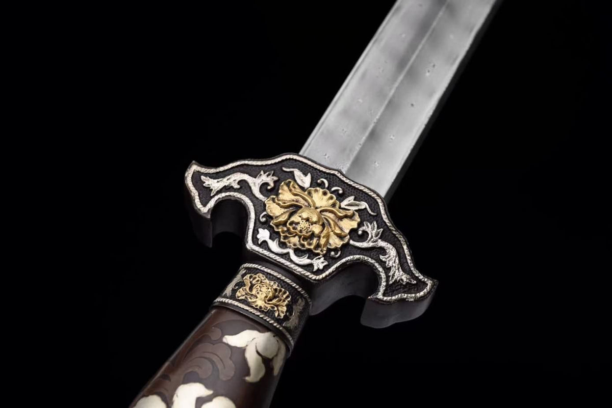 LOONGSWORD,Peony Sword Real,Forged Damascus Steel Blades,Brass Scabbard