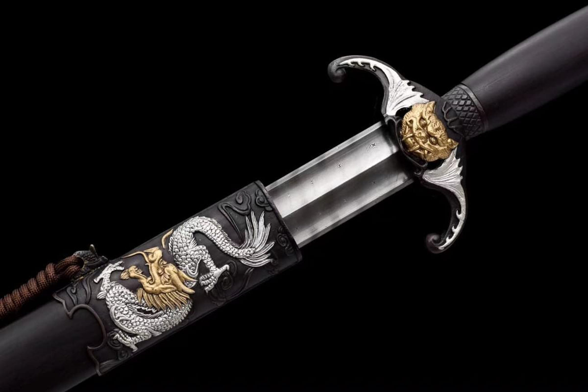 Longhu jian,Forged Damascus Steel Blades,Brass Fittings,Ebony Scabbard