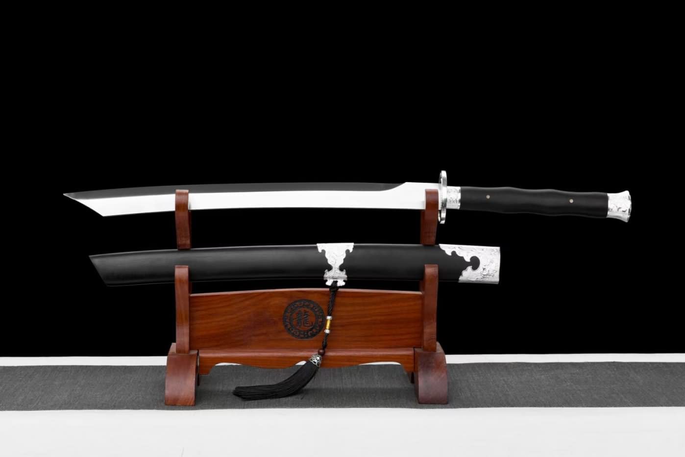 Dao Broadsword,Forged Damascus Steel Blades,Alloy Fittings,Black Wood Scabbard,chinese sword