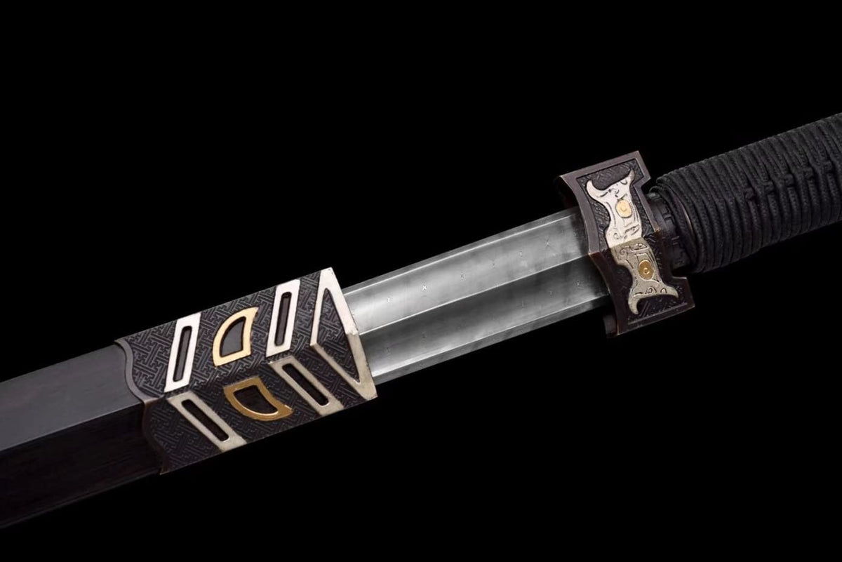 Ruyi jian,Forged Damascus Steel Blades,Brass Fittings,Ebony Scabbard