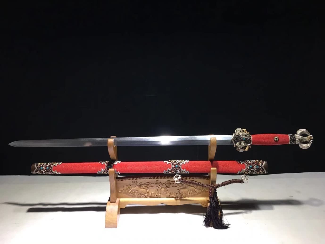 Rosefinch Sword,Forged Damascus Steel Blade,Red Skin Scabbard,CHINESE SWORD