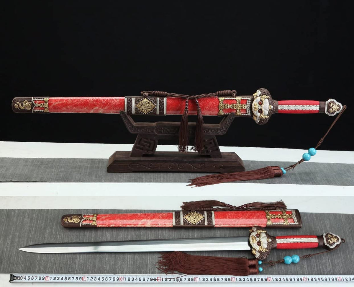 Yongle jian,Folded Steel Blade,Red Skin Scabbard,Brass Fittings,chinese sword