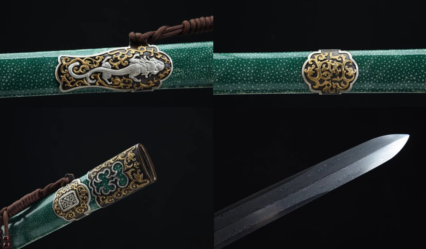 Qianlong Sabre,Forged Damascus Steel Blades,Green Skin Scabbard,Brass Fittings,chinese sword