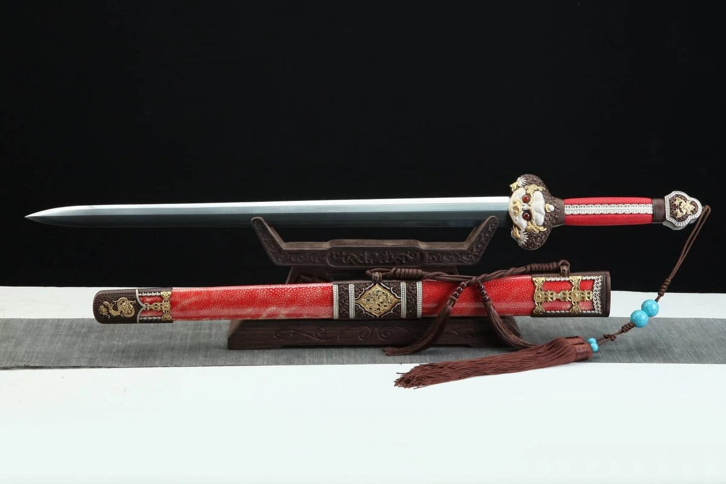 Yongle jian,Folded Steel Blade,Red Skin Scabbard,Brass Fittings,chinese sword