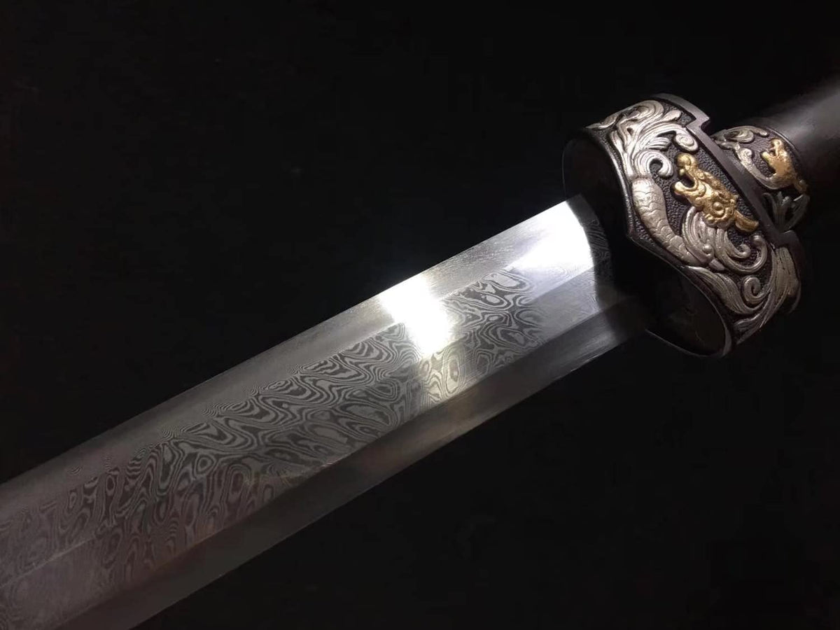 Dragon Phoenix Sword,Damascus Steel Blades,Brass Fittings,Ebony Scabbard