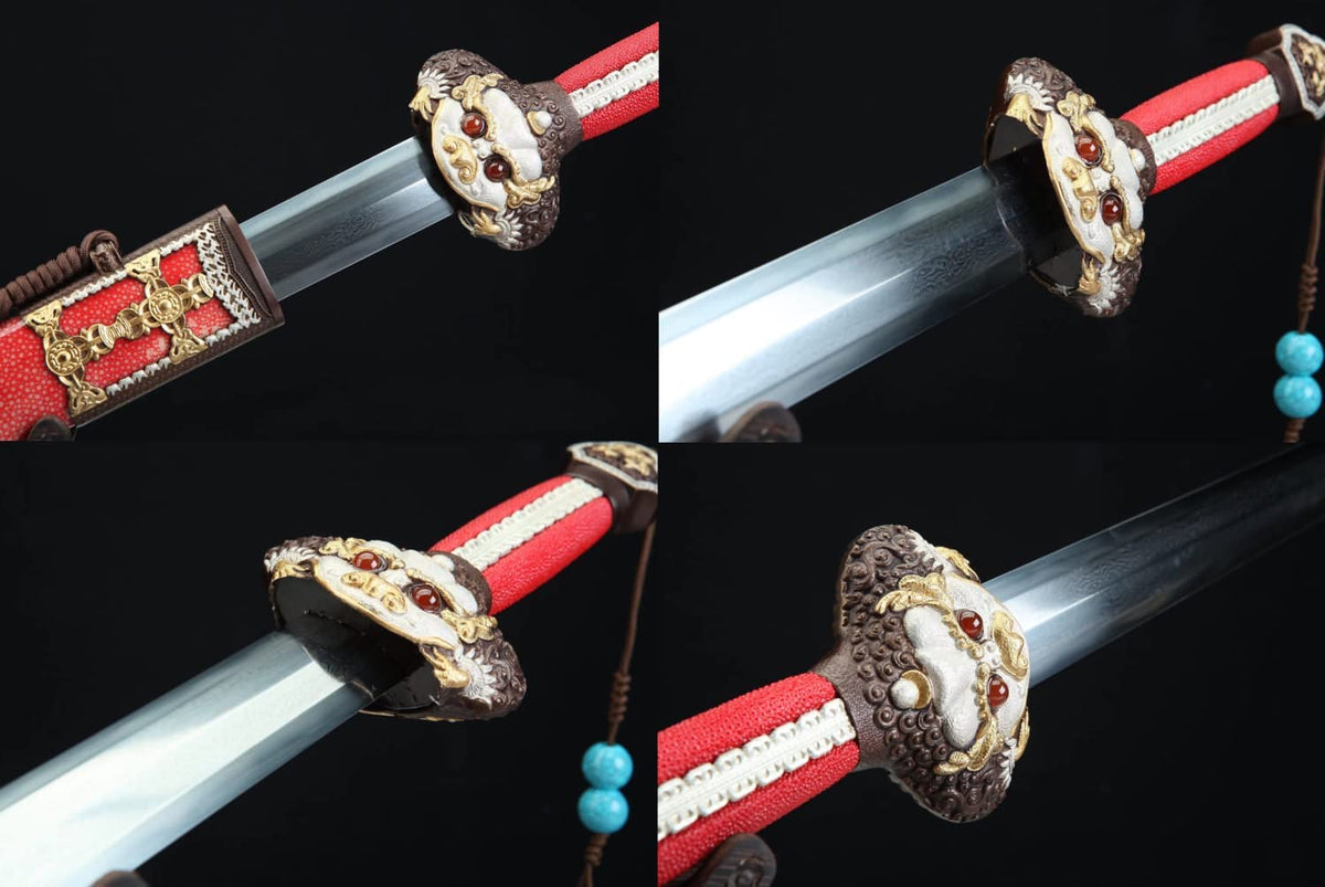 Yongle jian,Folded Steel Blade,Red Skin Scabbard,Brass Fittings,chinese sword