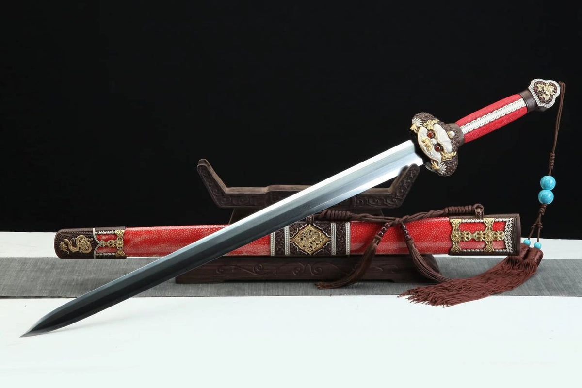 Yongle jian,Folded Steel Blade,Red Skin Scabbard,Brass Fittings,chinese sword