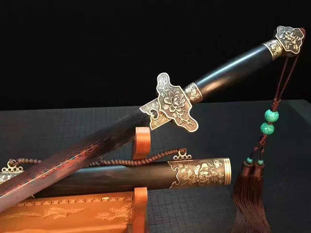 Chinese sword,Damascus steel red blade,Anaglyph peony Brass fitting,Black scabbard - Chinese sword shop