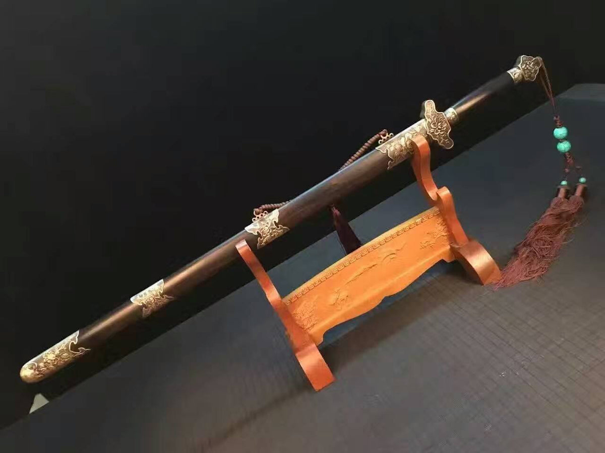 Chinese sword,Damascus steel red blade,Anaglyph peony Brass fitting,Black scabbard - Chinese sword shop