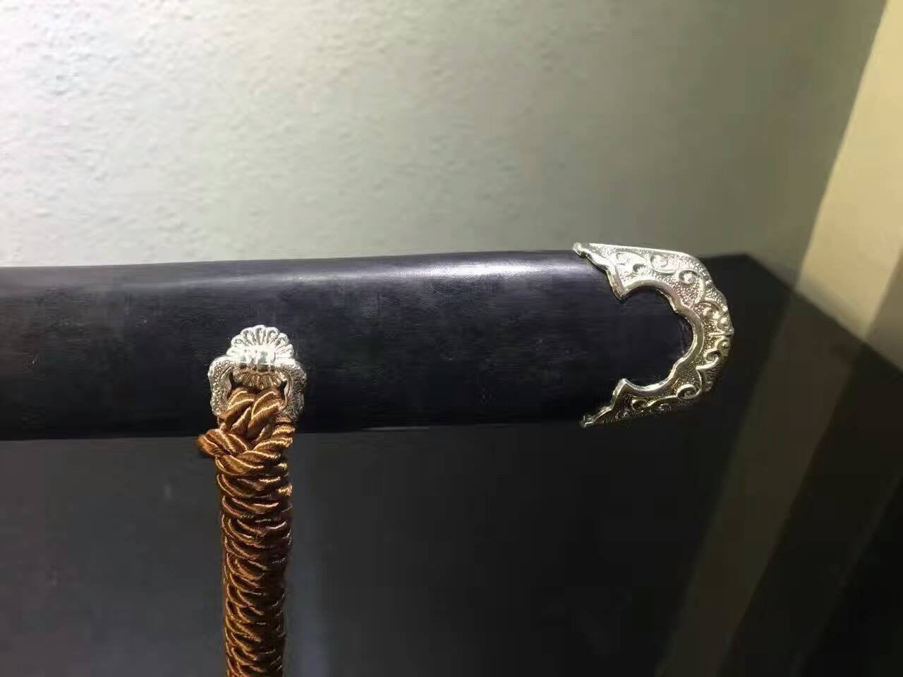 Tang dao/Damascus steel blade/Black wood scabbard/Alloy fitted silver - Chinese sword shop