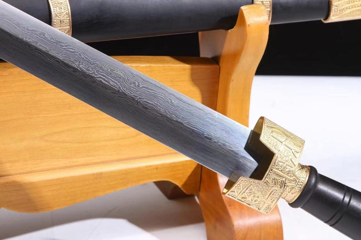 Chinese Swords Forged Damascus Steel Brass Fittings Sword Real Black Wood Scabbard