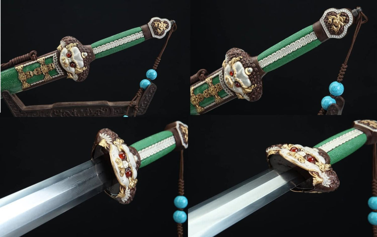 Yongle jian Forged Damascus Steel Blades,Green Skin Scabbard,Brass Fittings