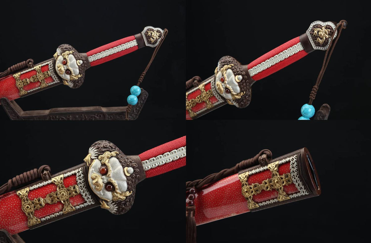 Yongle jian,Folded Steel Blade,Red Skin Scabbard,Brass Fittings,chinese sword