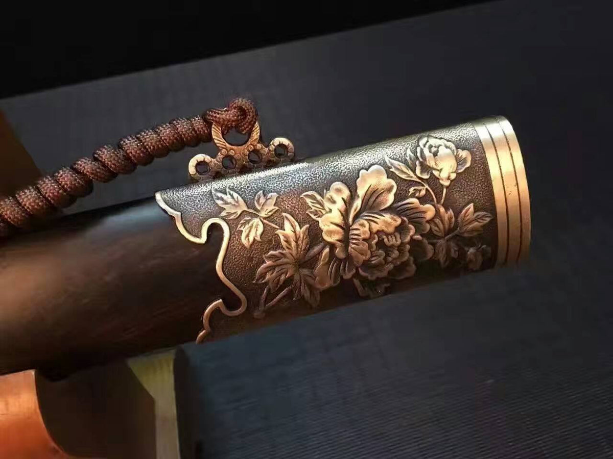 Chinese sword,Damascus steel red blade,Anaglyph peony Brass fitting,Black scabbard - Chinese sword shop