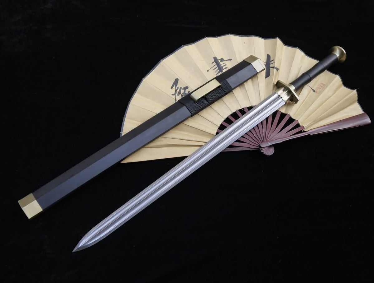Han jian/Handmade Damascus steel blade/Black wood scabbard/Alloy fitted/Length 31" - Chinese sword shop