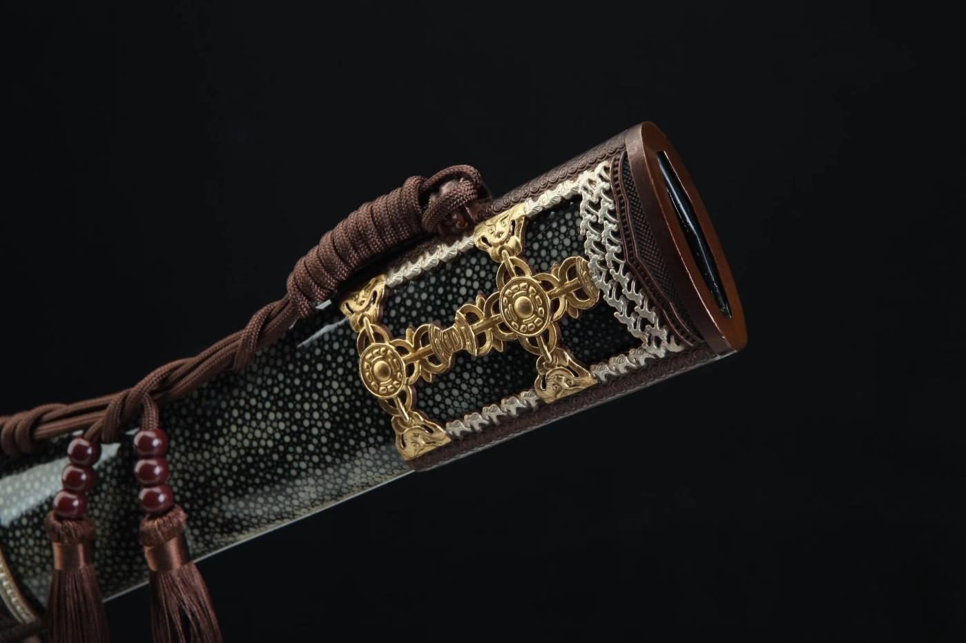 Double-Edged Sword Damascus Steel Blades,Black Skin Scabbard,Brass,Chinese sword