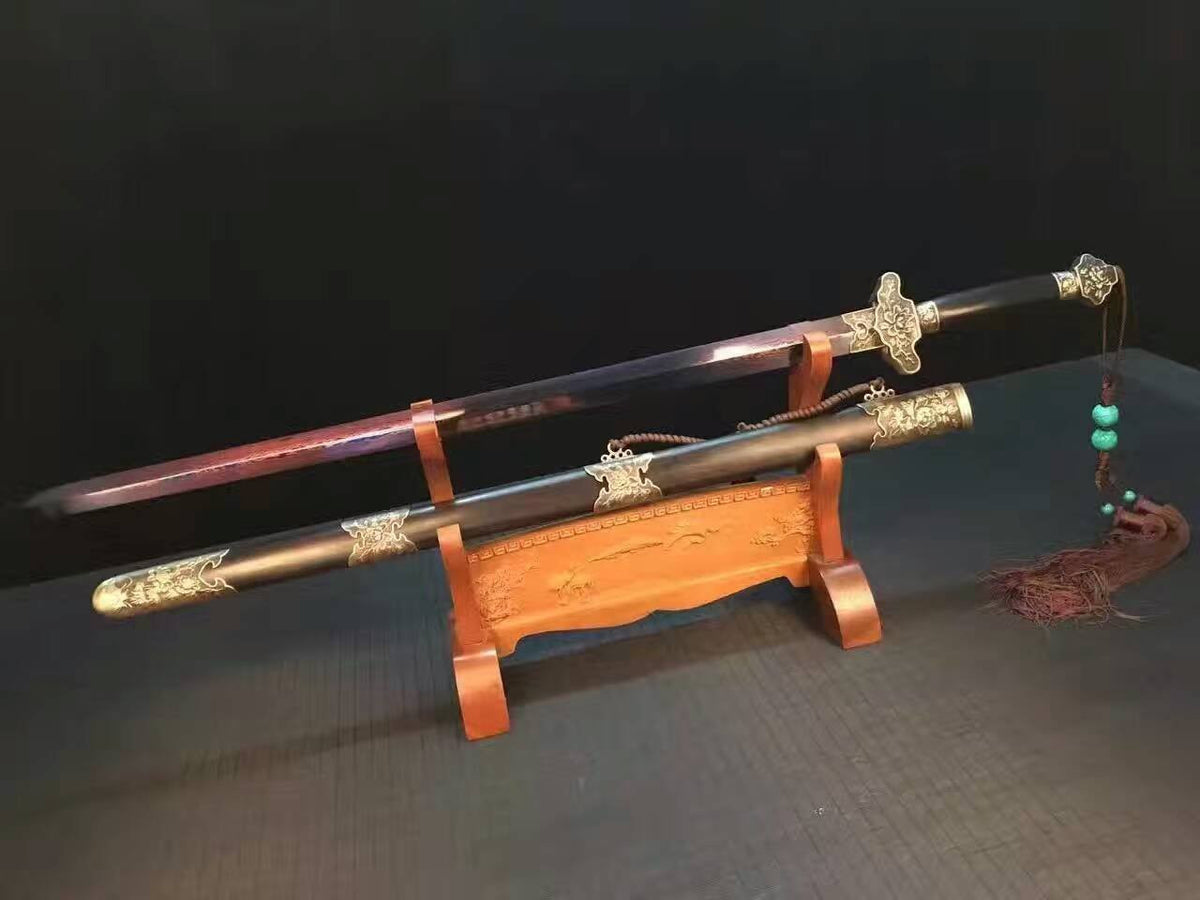 Chinese sword,Damascus steel red blade,Anaglyph peony Brass fitting,Black scabbard - Chinese sword shop