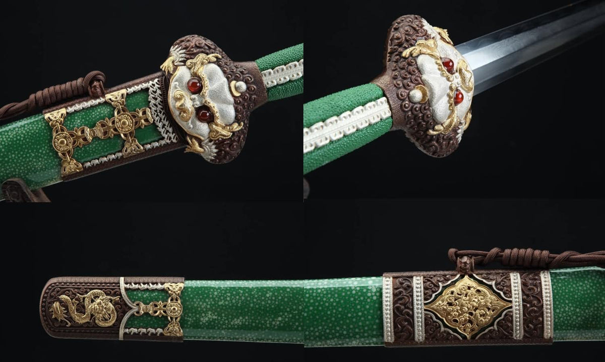 Yongle jian Forged Damascus Steel Blades,Green Skin Scabbard,Brass Fittings