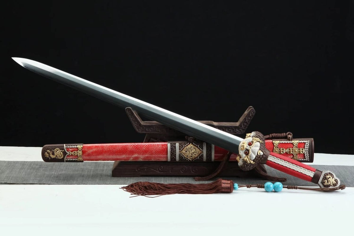 Yongle jian,Folded Steel Blade,Red Skin Scabbard,Brass Fittings,chinese sword