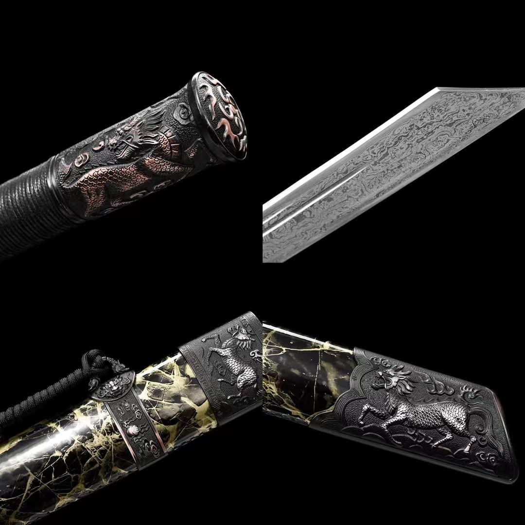 Kangxi Dao,Forged Damascus Steel baldes,Leather Scabbard,Alloy Fittings