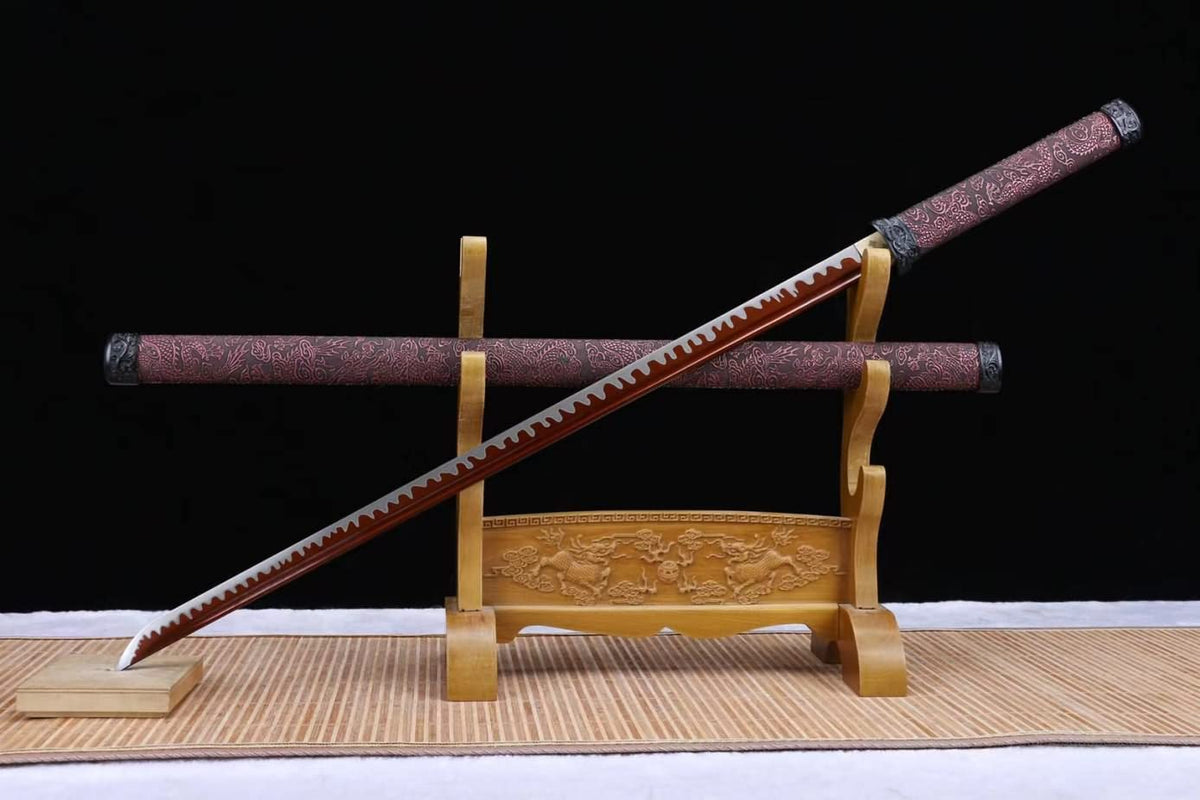 Tang dao(Forged High Carbon Steel red Blades,Leather scabbard