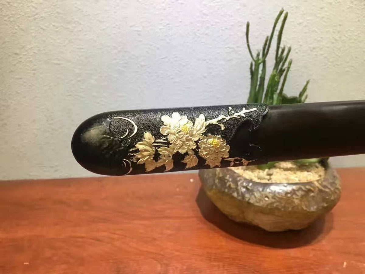 Peony sword-Damascus steel made Blade-Ebony Scabbard-Brass carved accessories - Chinese sword shop