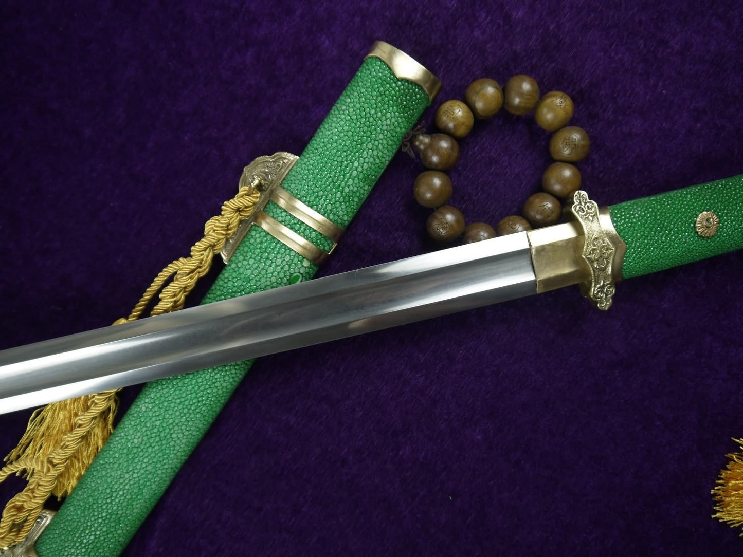 Tang sword/Damascus steel handmade blade/Brass fittings/Green skin scabbard - Chinese sword shop