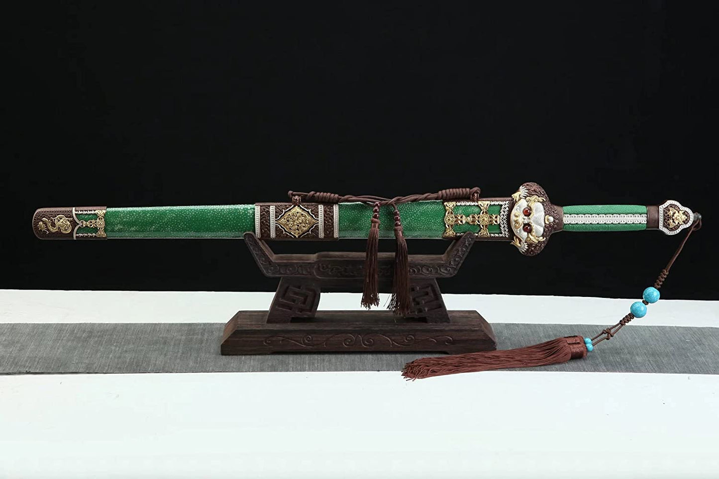 Yongle jian Forged Damascus Steel Blades,Green Skin Scabbard,Brass Fittings