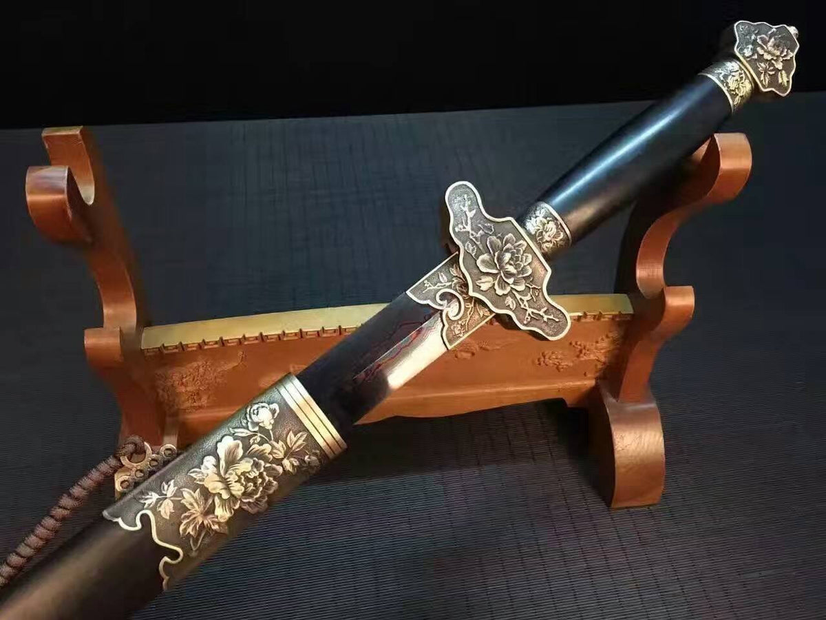 Chinese sword,Damascus steel red blade,Anaglyph peony Brass fitting,Black scabbard - Chinese sword shop
