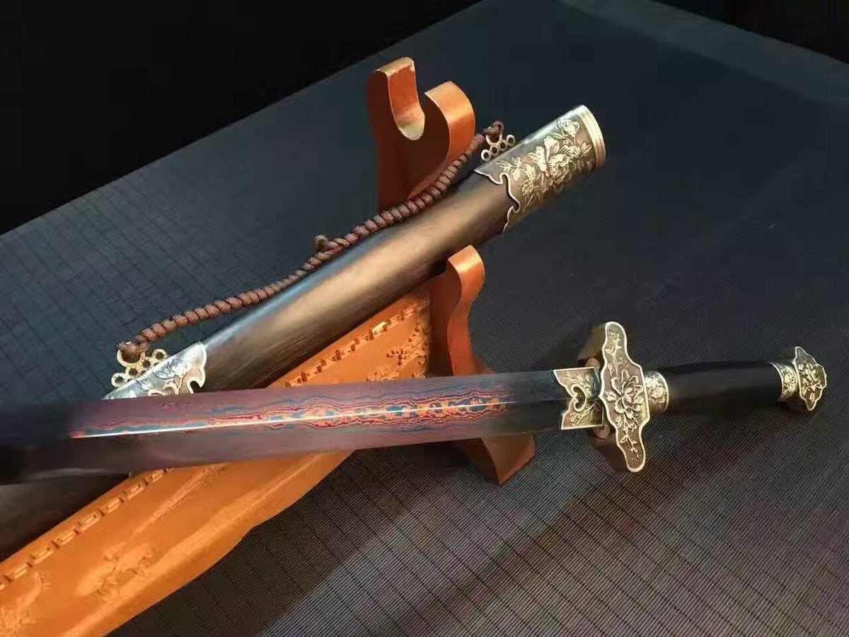 Chinese sword,Damascus steel red blade,Anaglyph peony Brass fitting,Black scabbard - Chinese sword shop