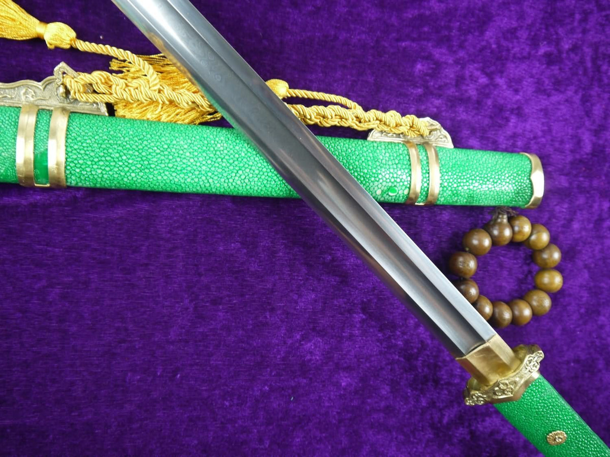 Tang sword/Damascus steel handmade blade/Brass fittings/Green skin scabbard - Chinese sword shop