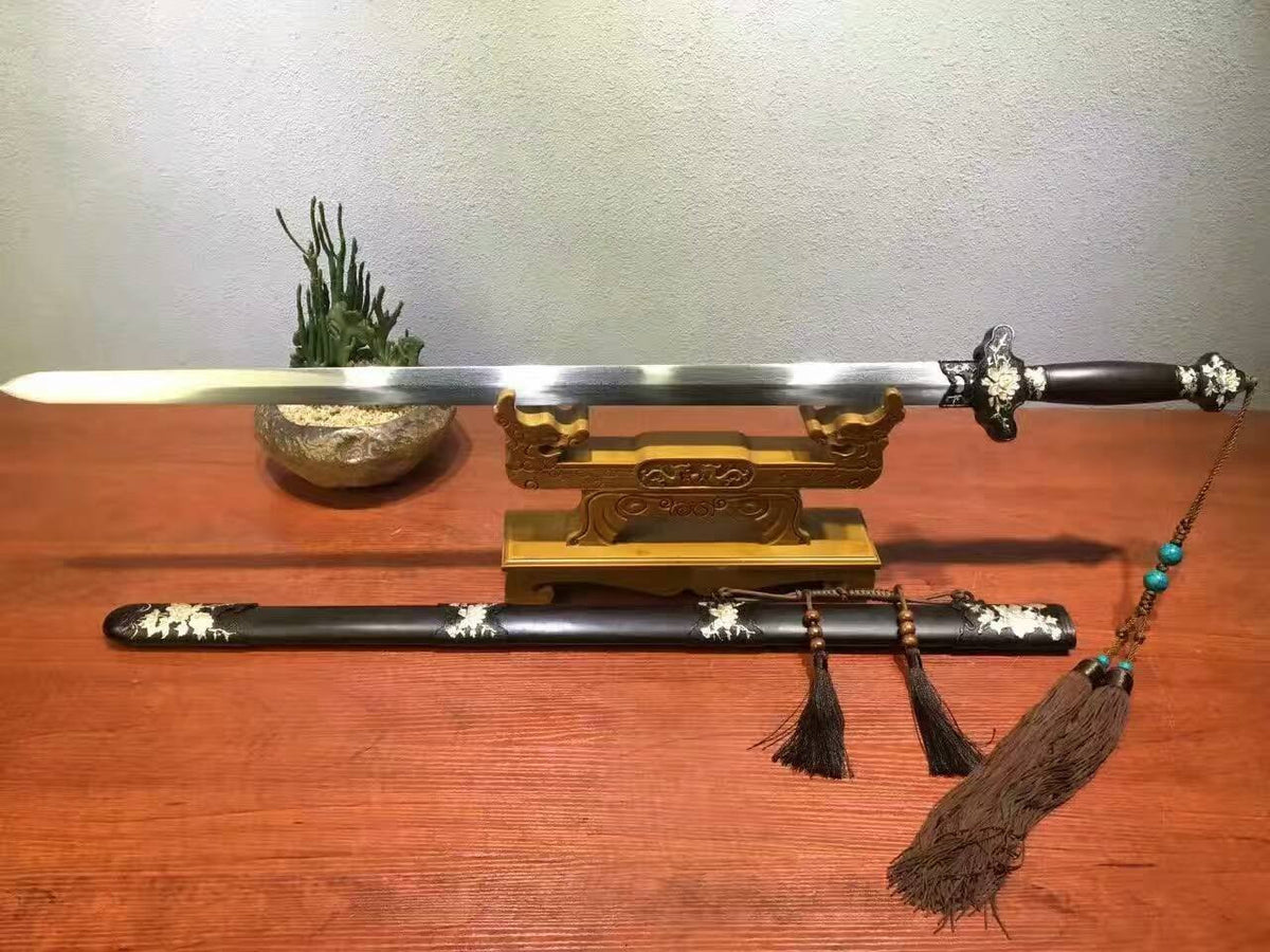 Peony sword-Damascus steel made Blade-Ebony Scabbard-Brass carved accessories - Chinese sword shop