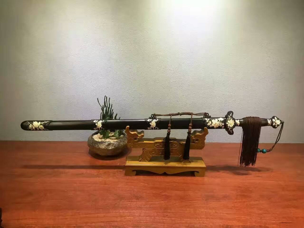 Peony sword-Damascus steel made Blade-Ebony Scabbard-Brass carved accessories - Chinese sword shop