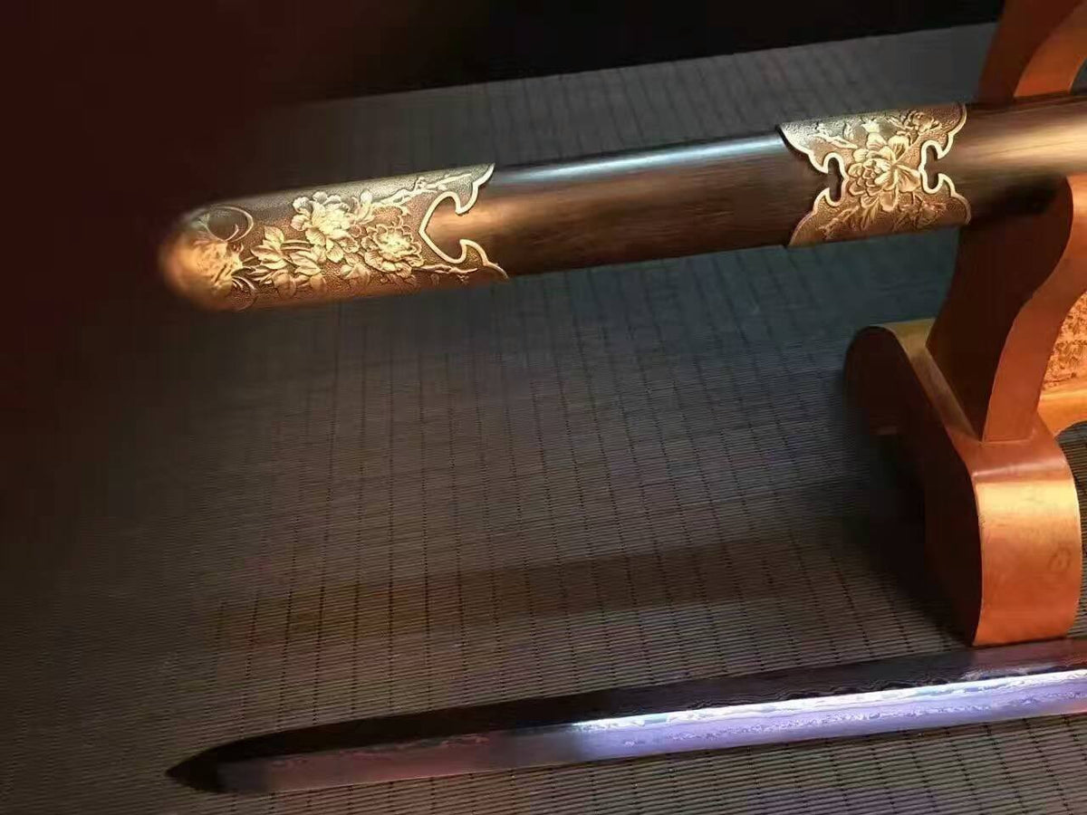 Chinese sword,Damascus steel red blade,Anaglyph peony Brass fitting,Black scabbard - Chinese sword shop